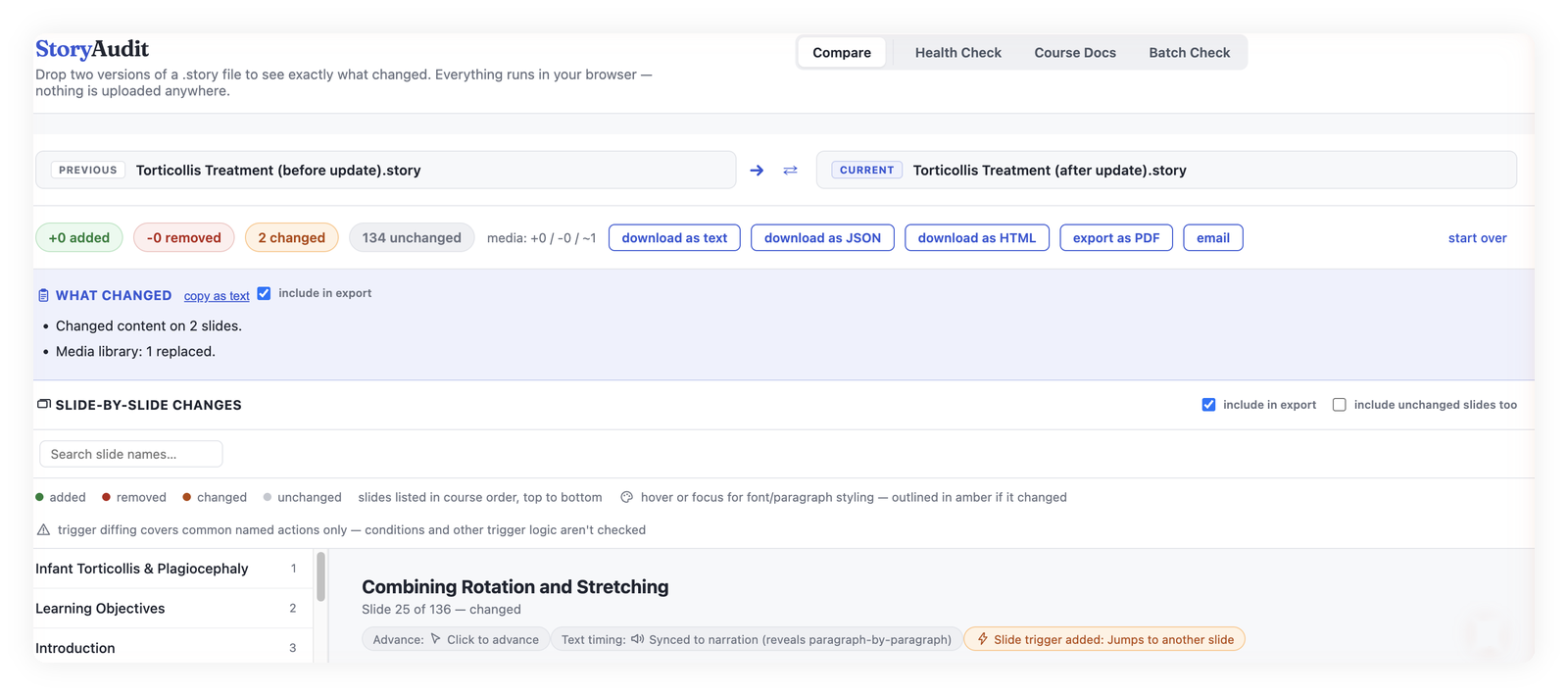 StoryAudit Compare mode showing a plain-English changelog of everything that changed between two versions of a Storyline course, with slide-by-slide detail of each change
