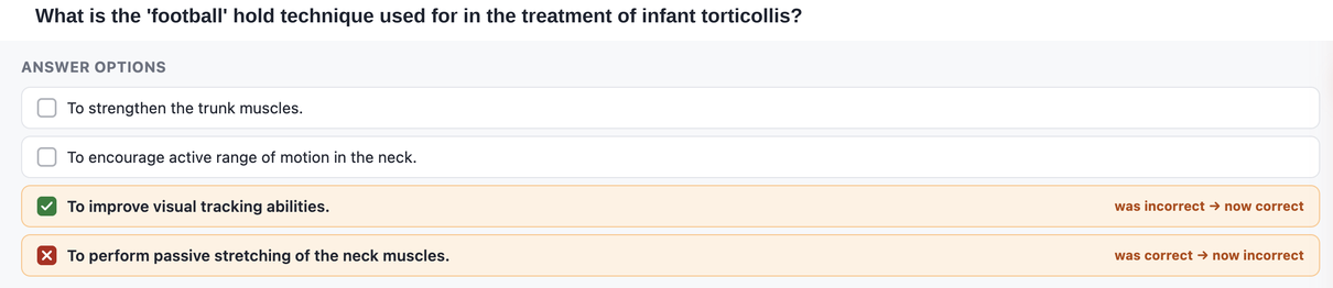 StoryAudit's Compare view showing the quiz question 'What is the football hold technique used for in the treatment of infant torticollis?' with an answer option that changed from correct to incorrect and another that changed from incorrect to correct
