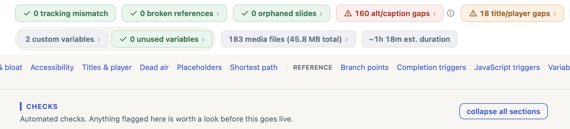 StoryAudit Health Check severity rollup: 0 broken references, 0 orphaned slides, 73 accessibility gaps, 1 placeholder flag