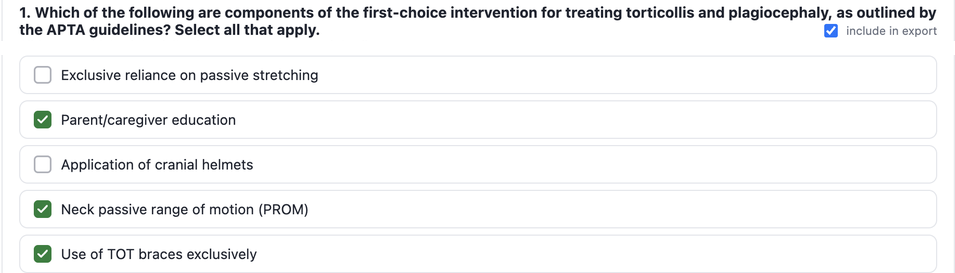 StoryAudit quiz answer key showing the full quiz question text, with the correct answer options already marked with a green checkmark