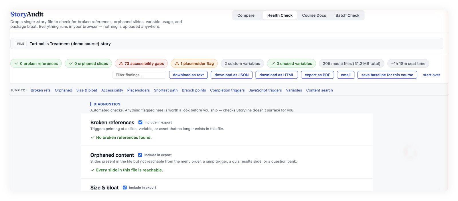 StoryAudit Health Check reporting on broken references and orphaned slides for a course