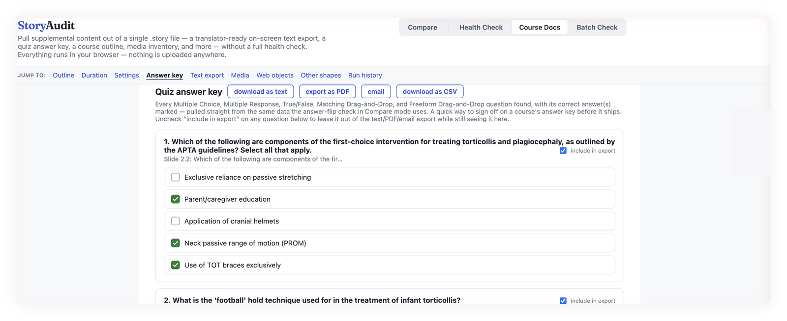 StoryAudit quiz answer key listing every question with its correct answer already marked with a green checkmark