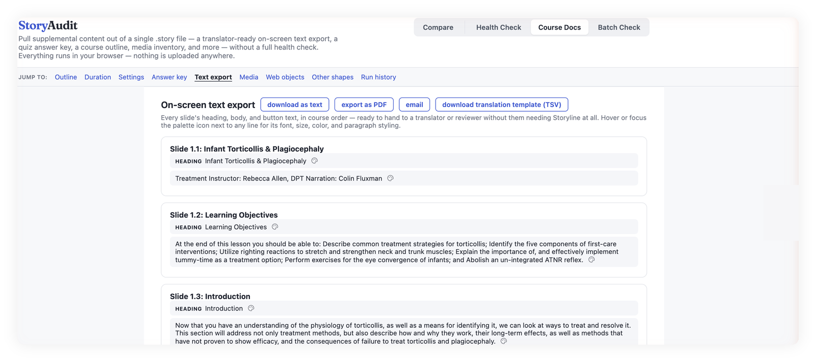 StoryAudit on-screen text export listing every slide's heading, body, and button text in reading order