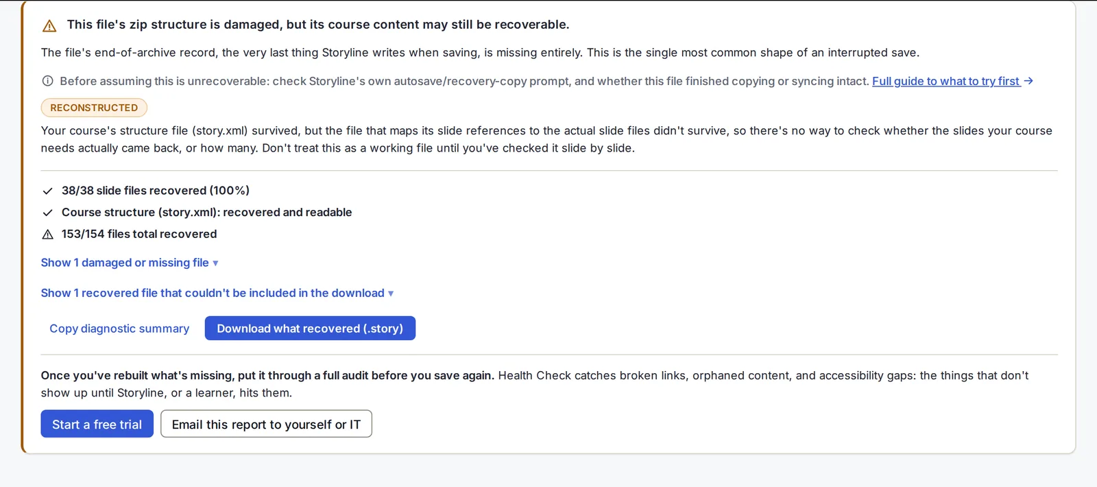 The diagnosis for a copy of the demo course cut short while saving: the end-of-archive record is missing, story.xml was recovered and is readable, 38 of 38 slide files and 153 of 154 files recovered, with a button to download what recovered.