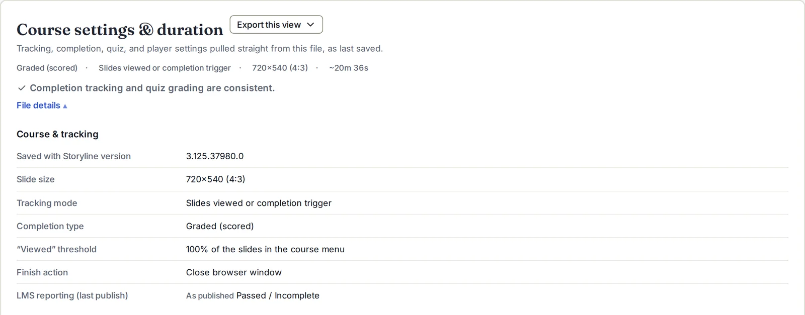 Course Docs' course settings for the demo course: tracking by slides viewed or completion trigger, completion type graded, the viewed threshold at 100% of the slides in the course menu, finish action close browser window, and LMS reporting Passed / Incomplete from the last publish.