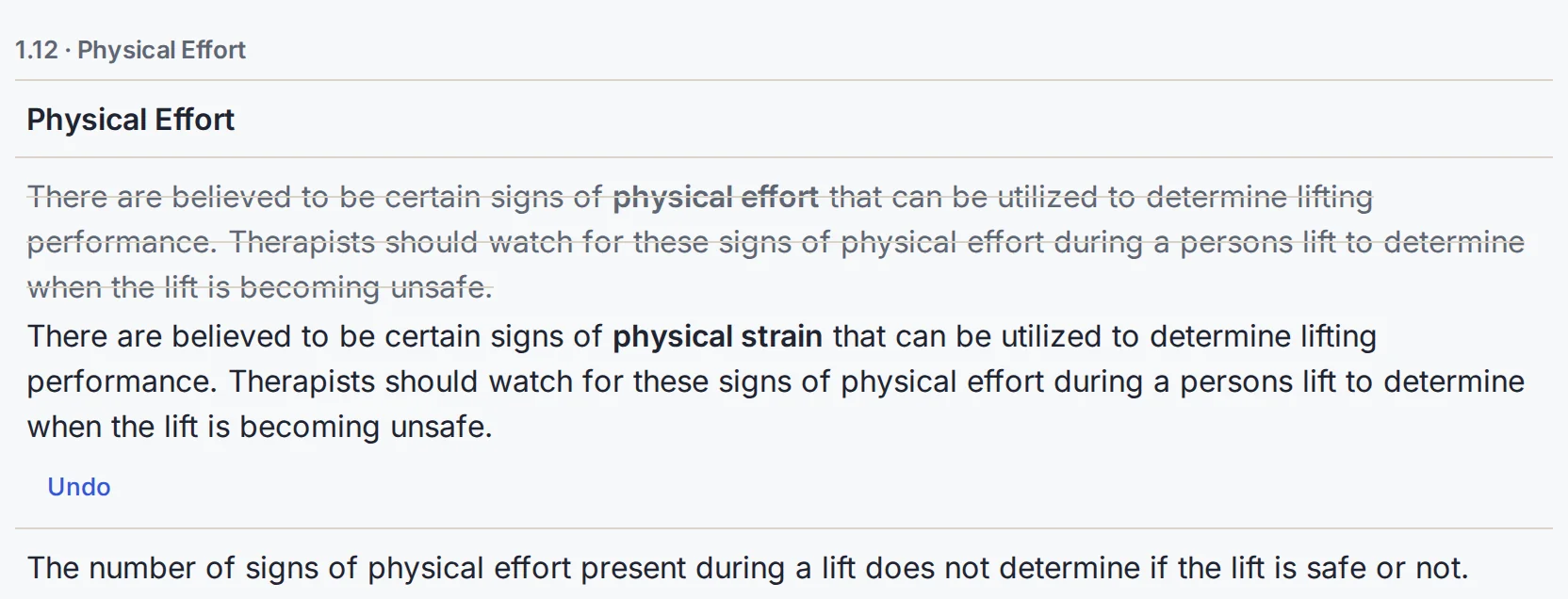 Text Fixes in the live demo: a line on slide 1.12, Physical Effort, with the original wording struck through and the fix below it.