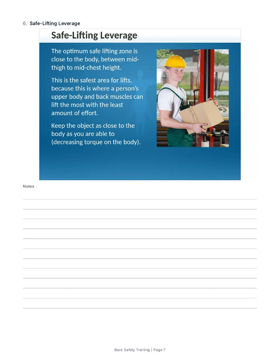 Page 7 of a Notes below handout: slide 6, Safe-Lifting Leverage, with ruled lines for notes under it.