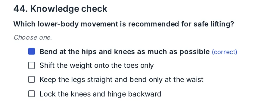 Knowledge check 44 in the instructor edition: the correct choice is filled in, bold and marked correct.