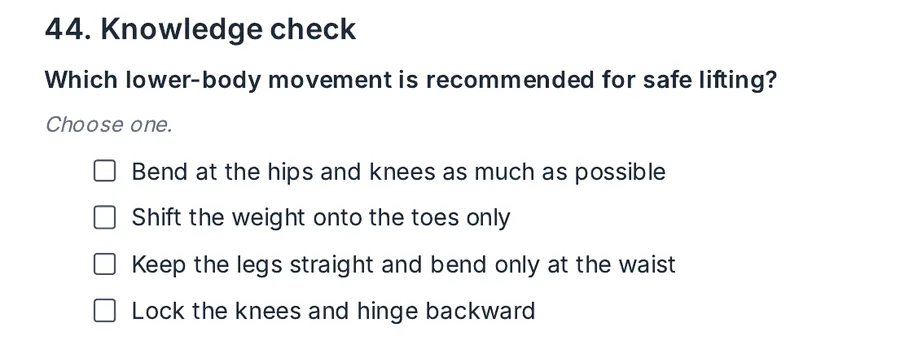 Knowledge check 44 in the learner edition: the question and four choices, each with an empty box.