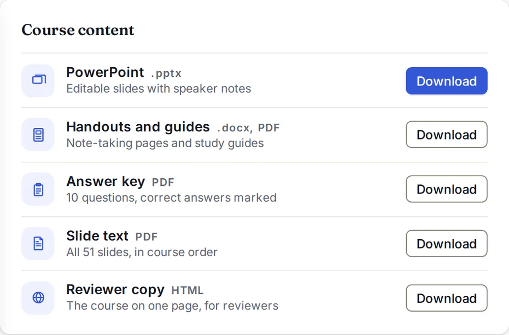 Course content in Course Docs: PowerPoint, then Handouts and guides, the answer key, the slide text and the reviewer copy, each with a Download button.