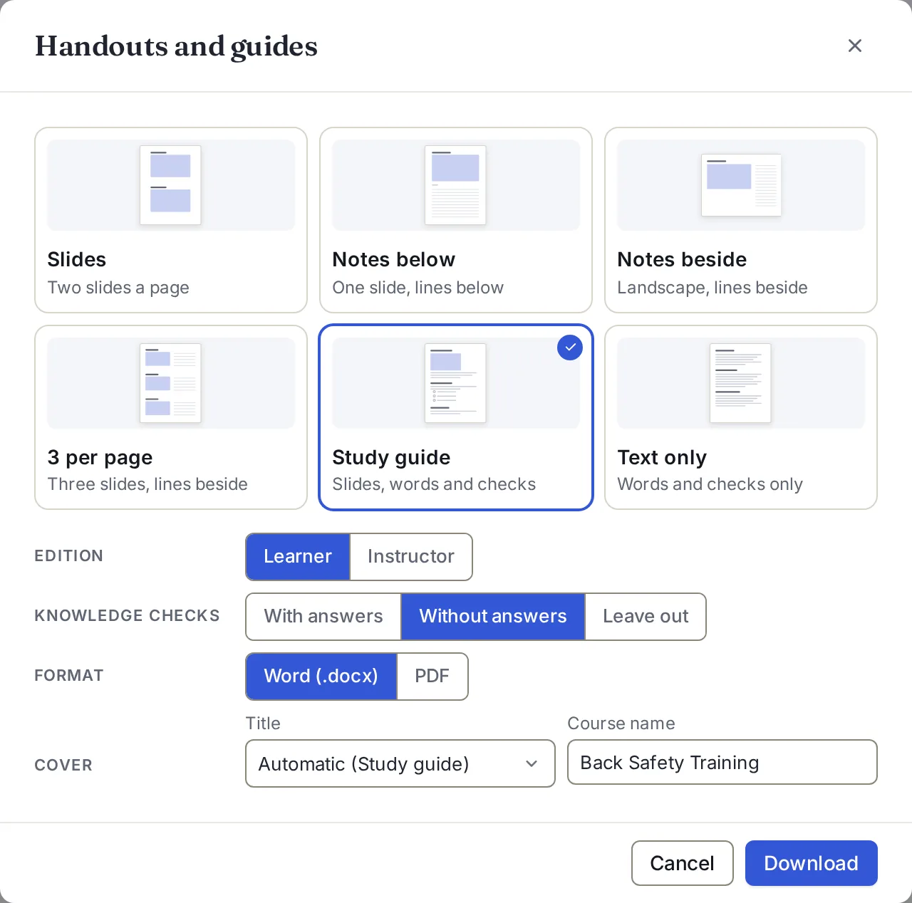The Handouts and guides picker in the sample course: six layout cards with Study guide selected, then Edition, Knowledge checks, Format and Cover.