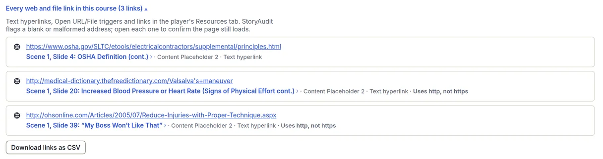 The link list in the demo course's Broken references section: three text hyperlinks, on slides 4, 20 and 39, two of them marked as using http, and a Download links as CSV button.